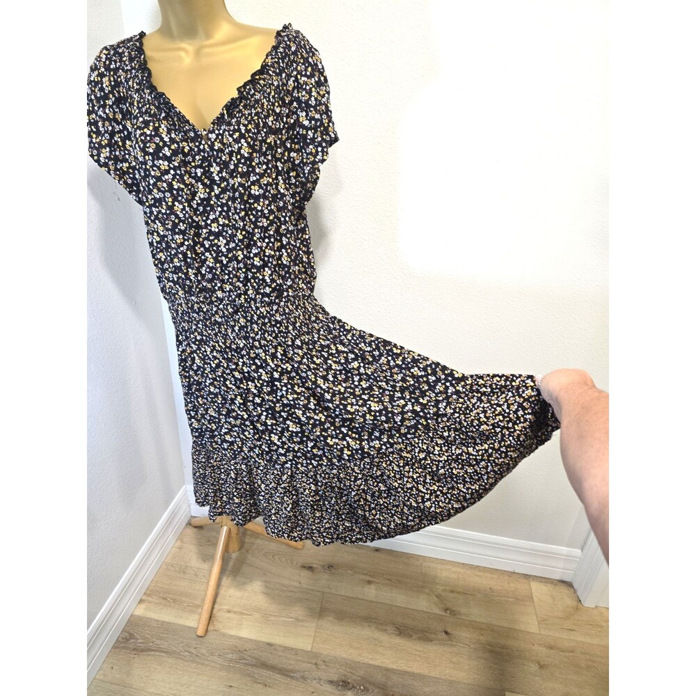 Fat Face Black Ruffle Stretch Waist Ditsy Floral Dress Sz 10 Garden Dark Cottage